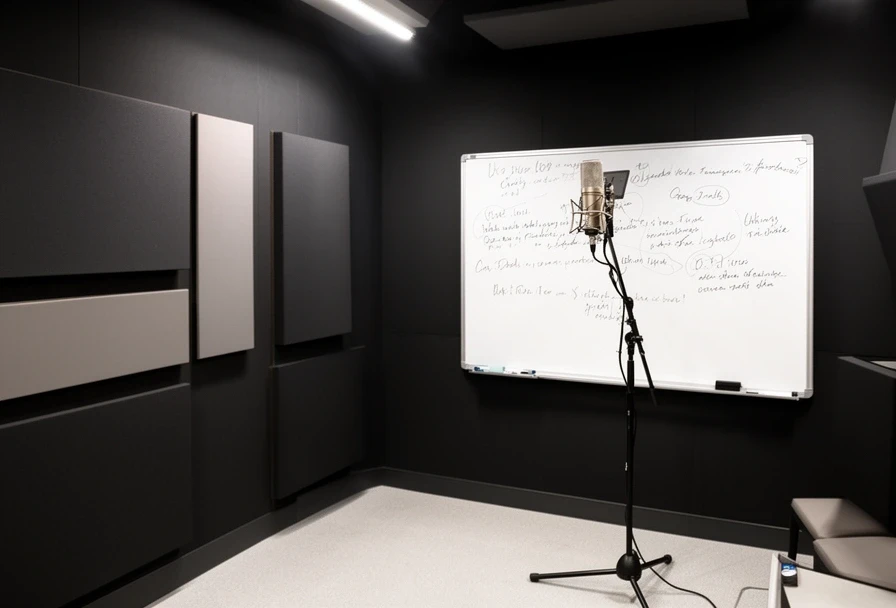 発声道場のレッスンスタジオ内観、マイクとホワイトボード