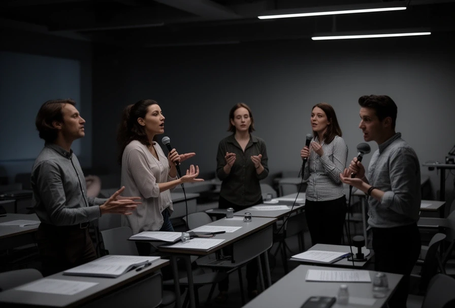 少人数グループレッスンでスピーチ練習をする受講生たち