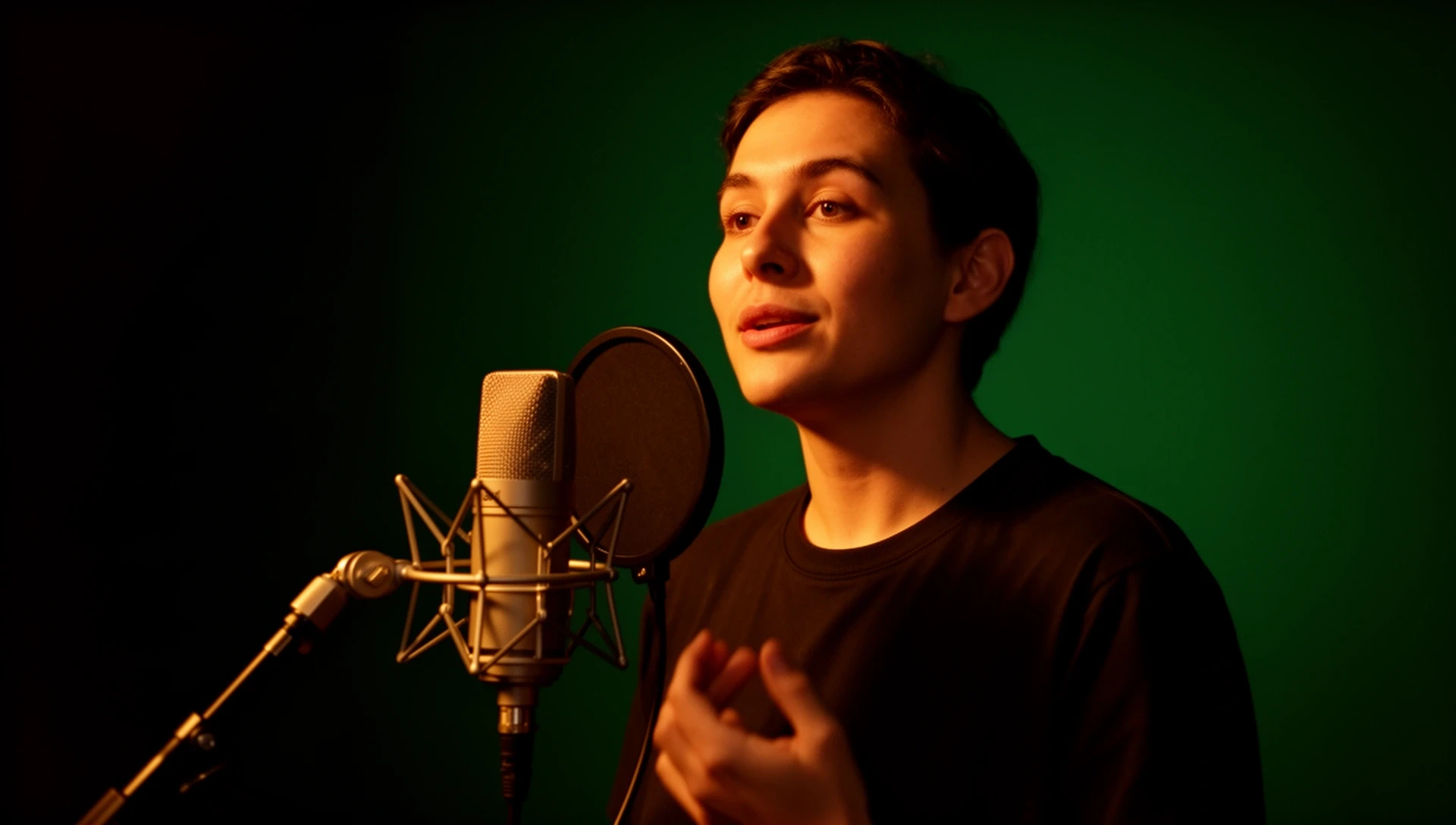 マイクの前に立ちスピーチの練習をする人物