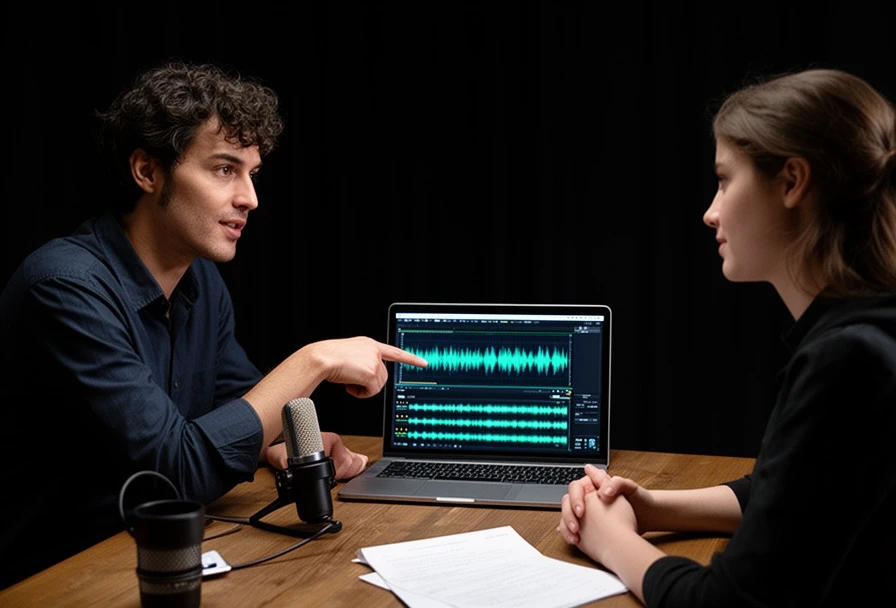 発声講師が受講者に個別指導している場面